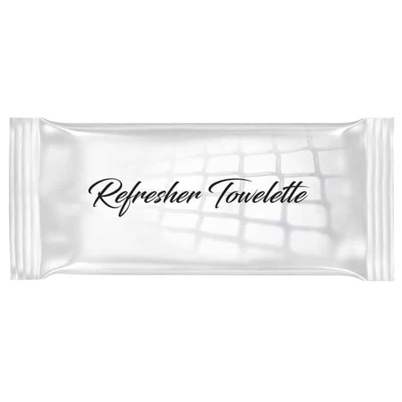A white and off grey refresher wipes with black writing on a white background, reflecting light.