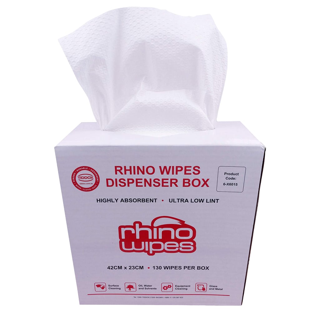 White wipes dispenser box with bold red writing and a wipe protruding from the top