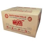 A closed cardboard box with bold red writing on a white backdrop