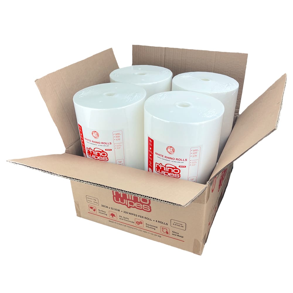 Open box with four white cleaning wipes roll wrapped in clear packaging and red writing vertically stacked