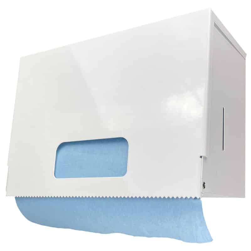White box shaped wipes roll dispenser with a blue roll inside