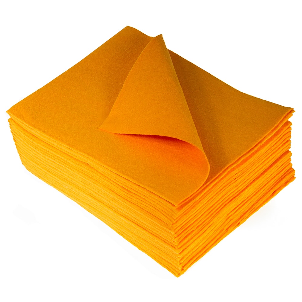 Overhead perspective of a stack of TIDDOX orange liquid absorbent pads with the uppermost cloth gracefully curved to the left against a plain background.