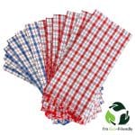 An assortment of plaid napkins in red, white, and blue shades, stacked meticulously to create a visually appealing arrangement.