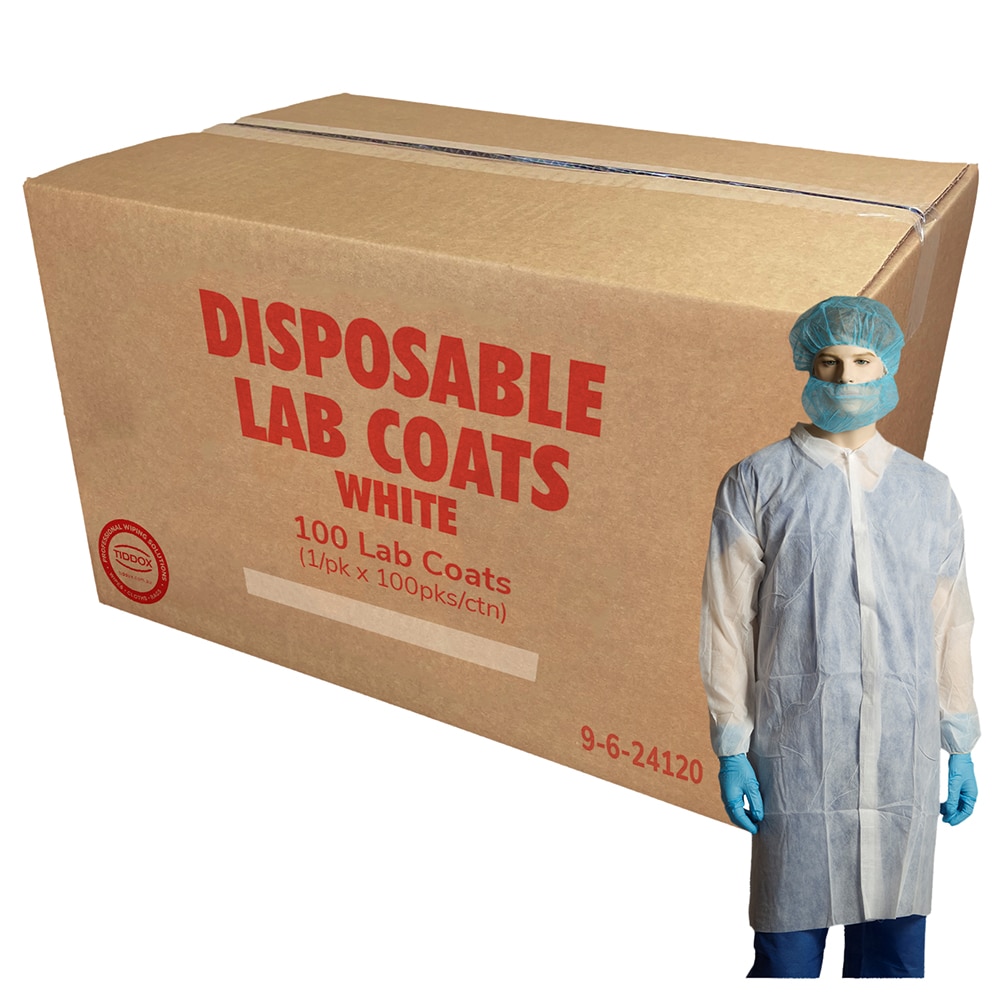 A mannequin wearing White Disposable Lab Coats with a cardboard box in the background