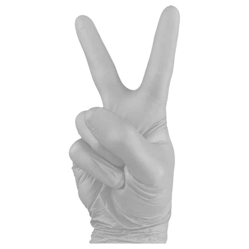 A hand in heavy duty latex gloves showing a peace sign