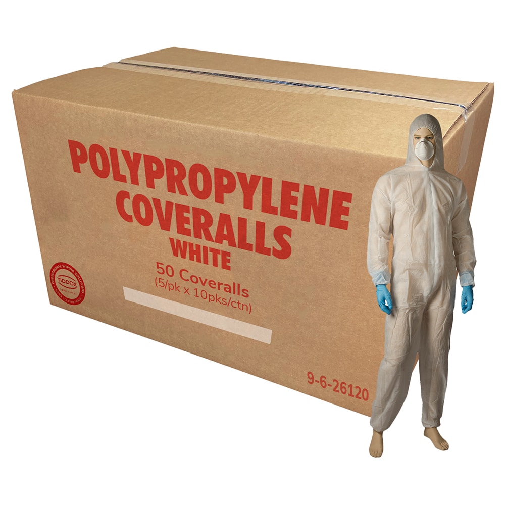 Mannequin in Polypropylene Coveralls with white coveralls , with a cardboard box in proportion behind it with Large red writing