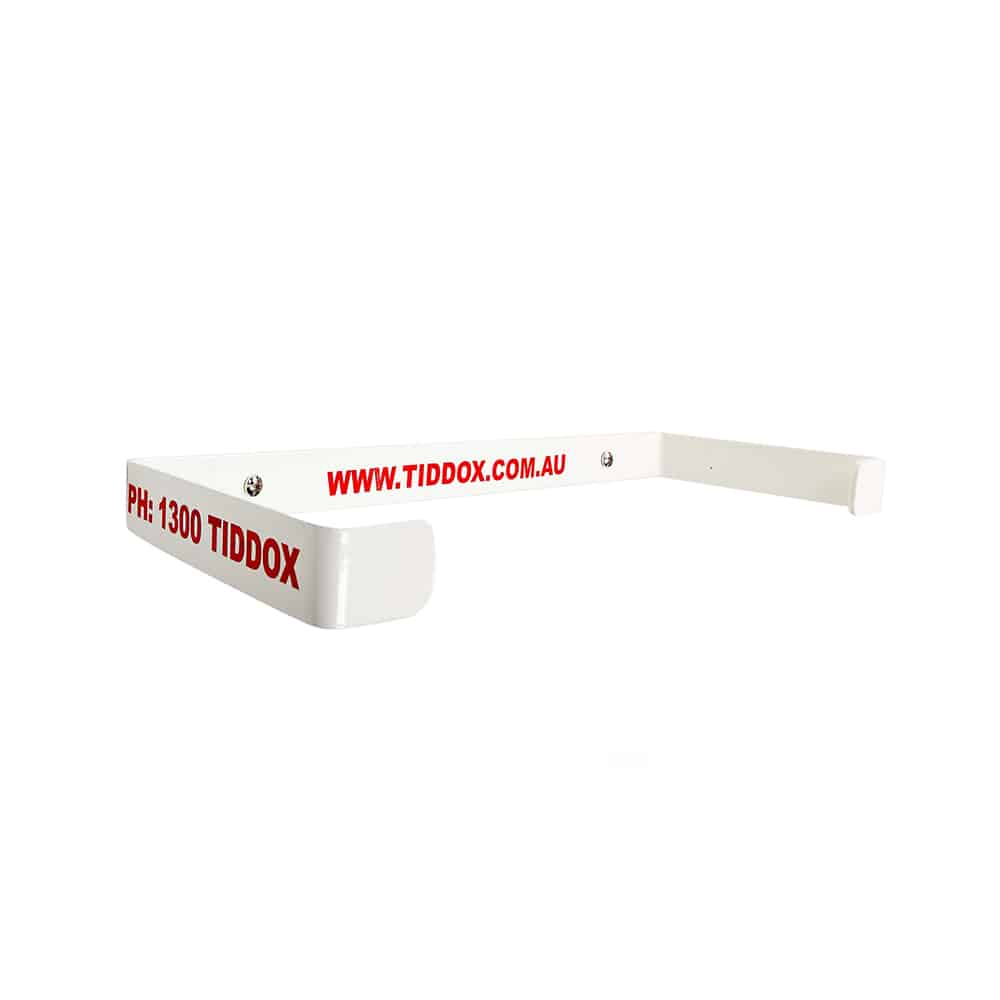 Wall-mounted wipes roll holder for TIDDOX wipes rolls in white with red writing