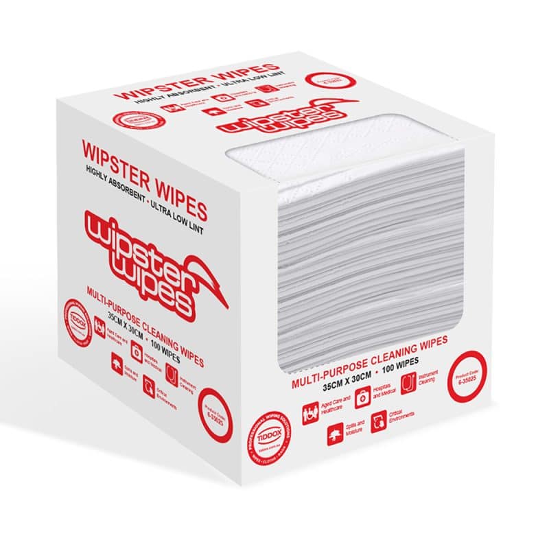 White box filled with Wipster soft wipes featuring bold red writing and casting a shadow on a white background.