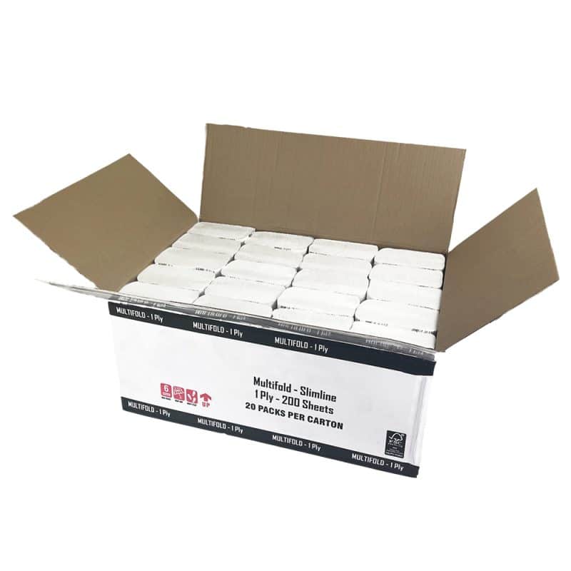 A open black and white box of hand towel rolls on a white background
