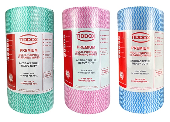 Three vertically arranged rolls, each of a distinct color, standing side by side.