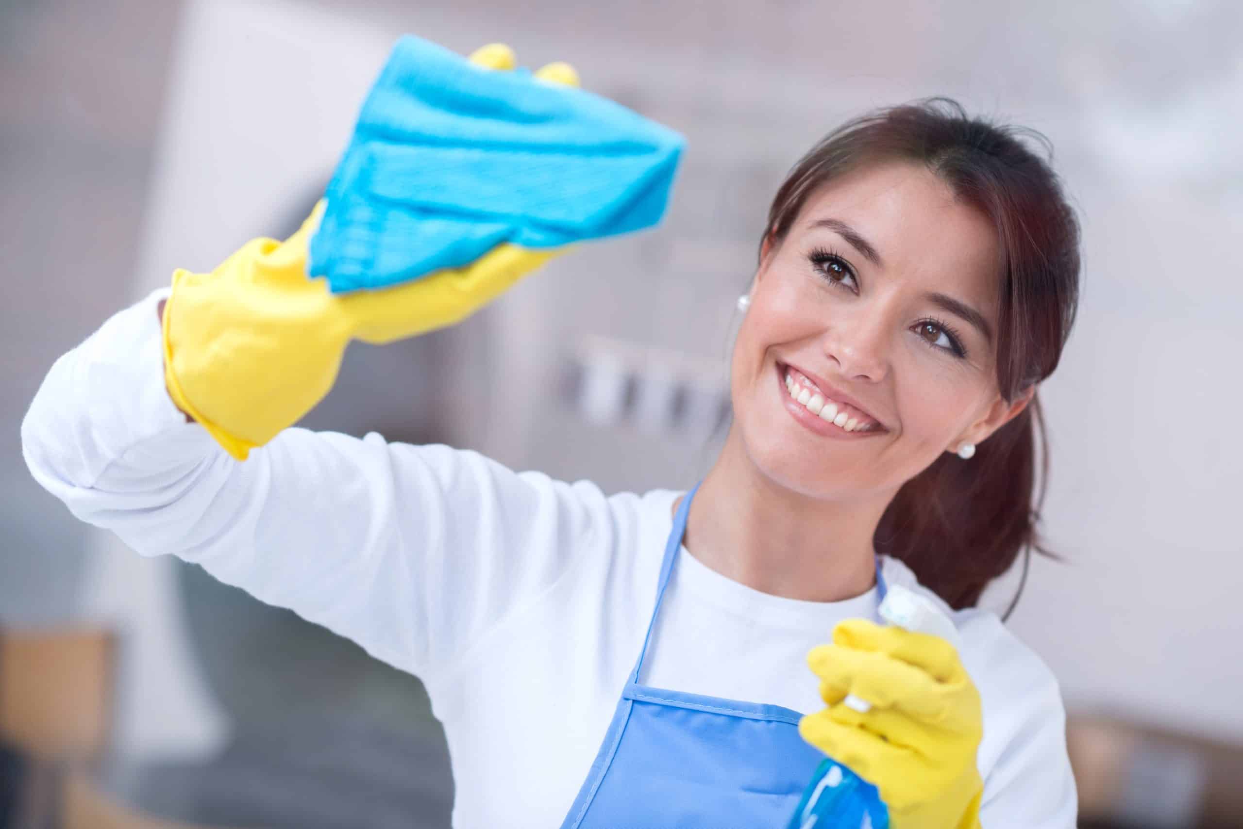 Woman cleaning the house and looking very happy