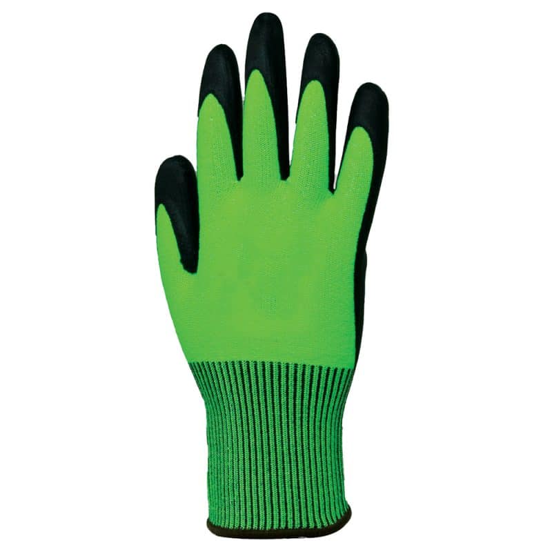 Green high visibility microfoam nitrile gloves back